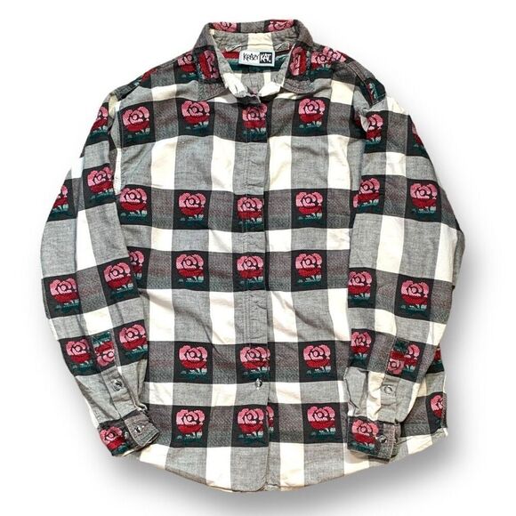 Vintage Tops - Vintage Shirt Black Oversized White Checkered Plaid Embroidered Dark Floral